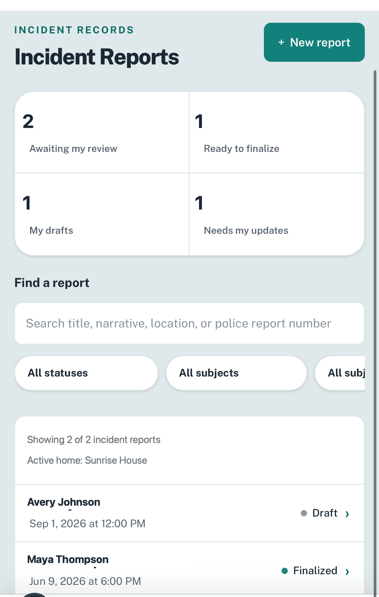 Mobile incident reports showing nonzero review metrics and named example records
